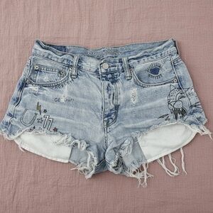 American Eagle Hi Rise Shortie Cutoff Graphic Denim Festival Shorts Size 6